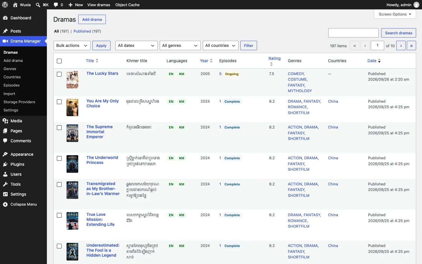 The Dramas list in wp-admin with posters, Khmer titles, language badges, episode counts and genres.