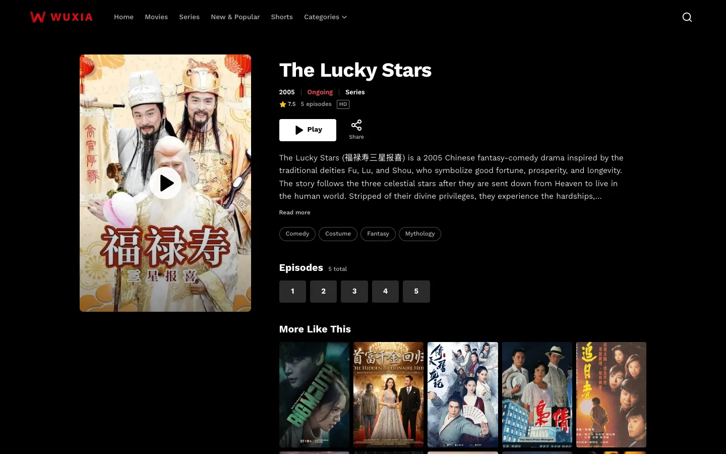 A title page for The Lucky Stars: poster, Play, synopsis, genre tags and five episodes.